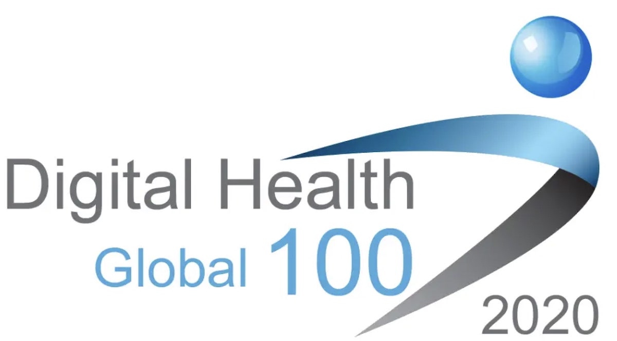 En logga med texten Digital Health Global 100 2020 i blått och grått