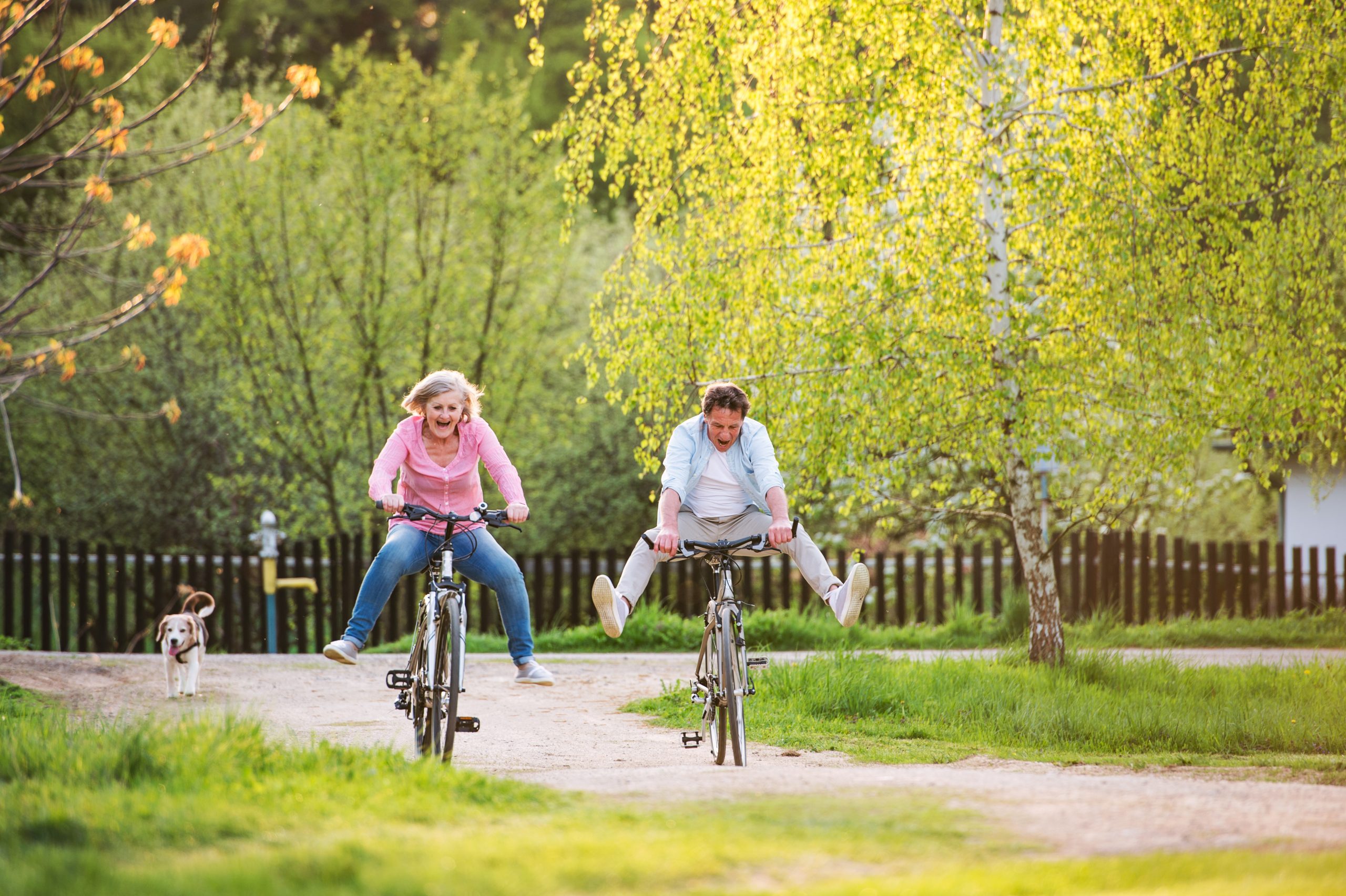 Ett äldre par som skrattar och cyklar med benen ut från sidorna.