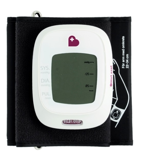 En vit blodtrycksmätare med svart manschett. 
