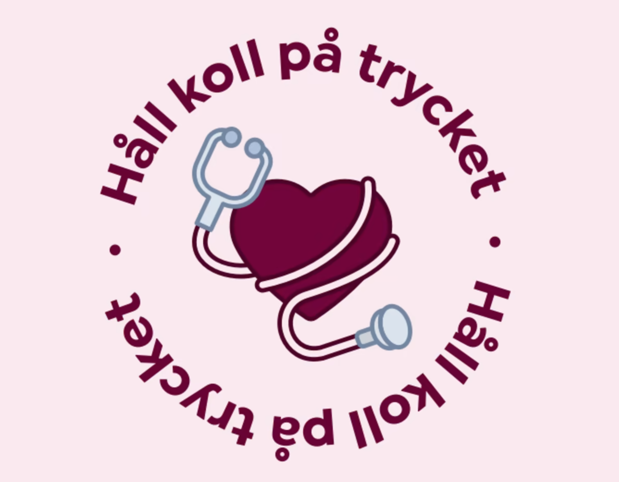 Logotyp med ett hjärta med ett stetoskop, runt om ikonen står en text som lyder "Håll koll på trycket", allt mot en ljusrosa bakgrund.