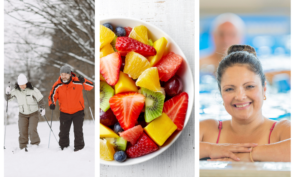 Ett kollage med ett par som åker skidor, en fruktsallad i en skål samt en kvinna som ler och badar i en pool.