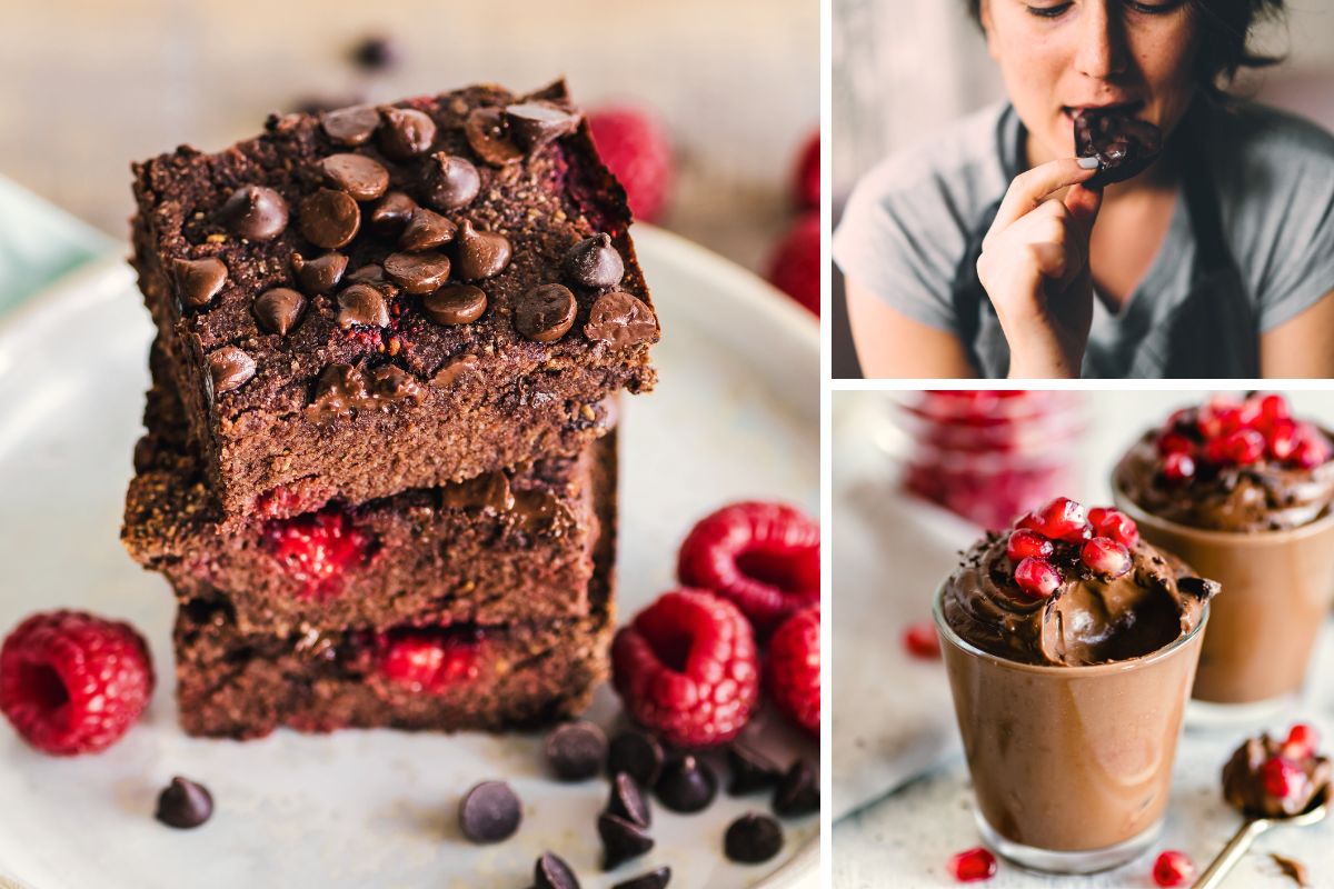 Collage med brownies, chokladmousse och en närbild på en kvinna som äter mörk choklad