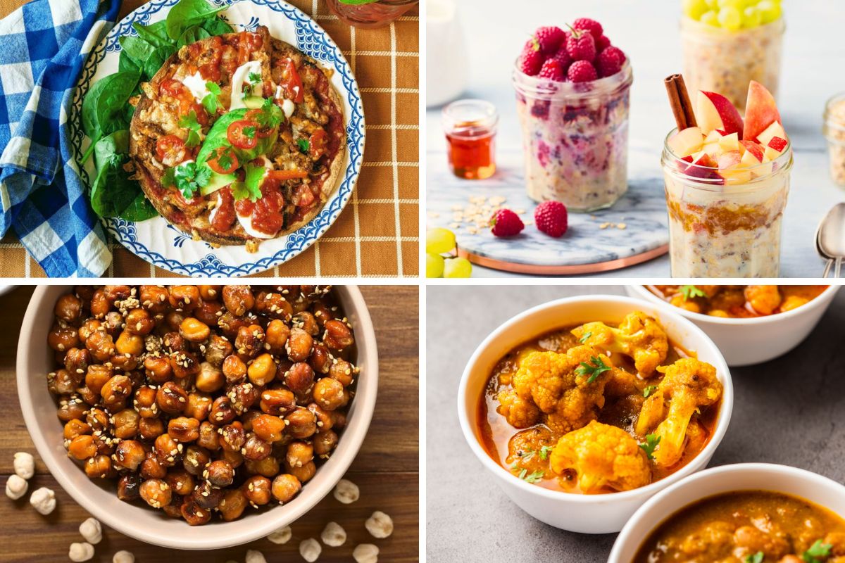 Collage med bilder på nyttig mat; kycklingpizza, overnight oats, rostade kikärtor och blomkålscurry.