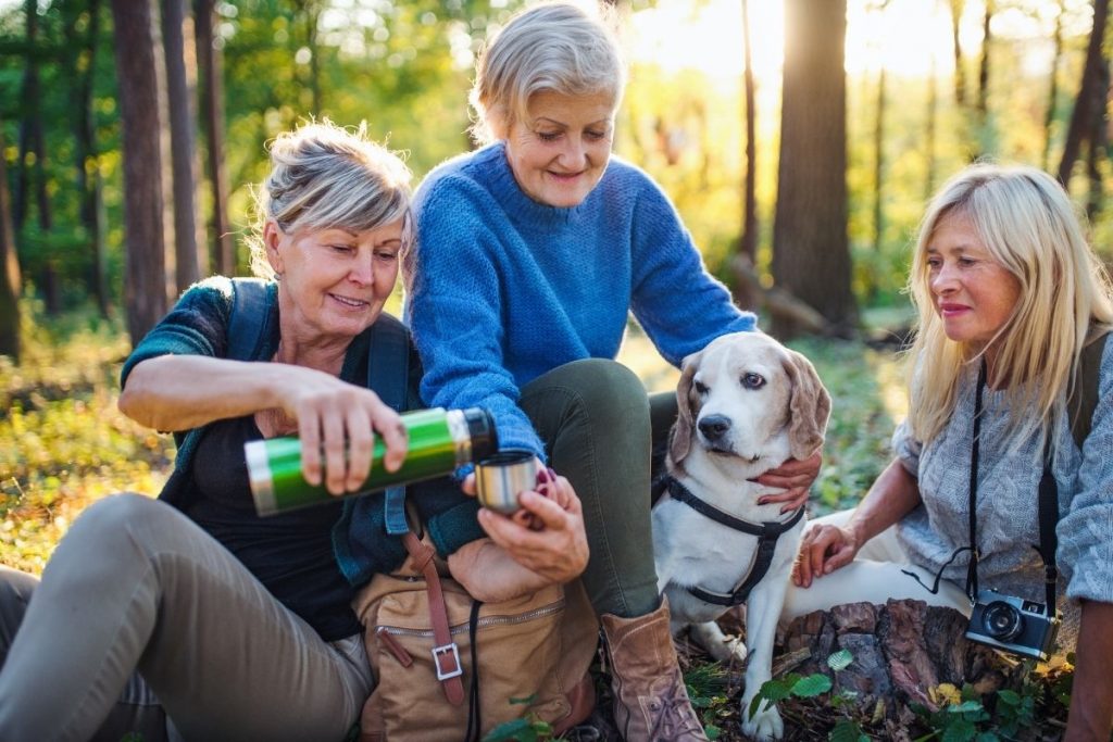 Tre kvinnor i 60-årsåldern och en hund sitter i en glänta och häller upp kaffe ur en termos. 