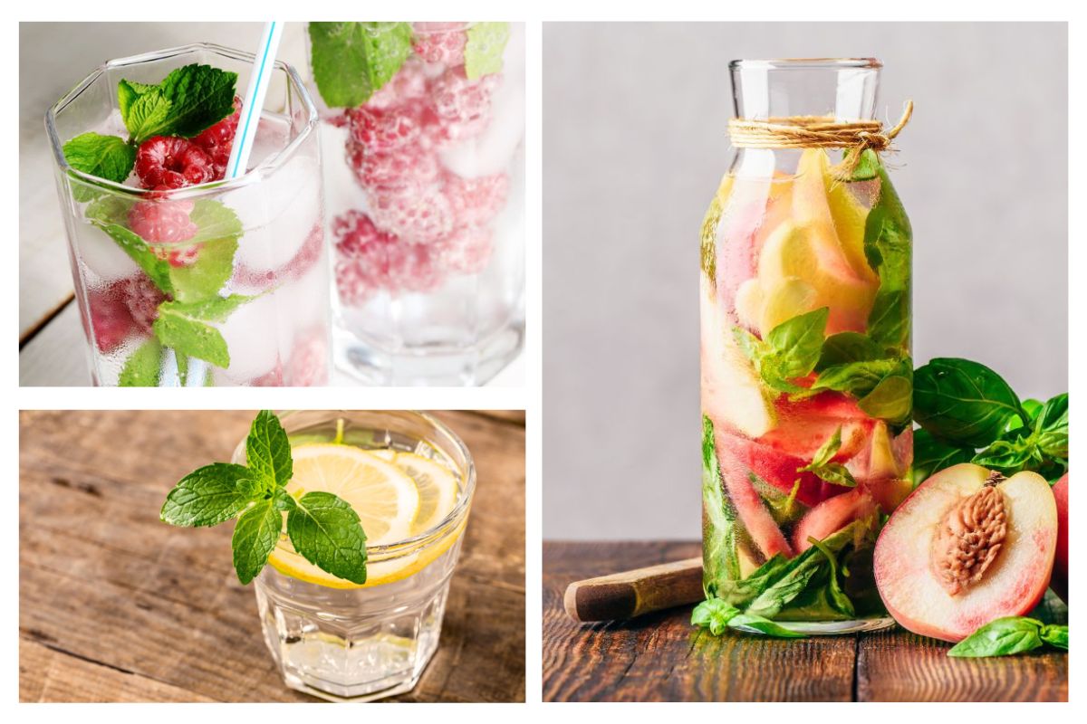 Ett collage med bilder på smaksatt vatten med frukt, citrus och bär