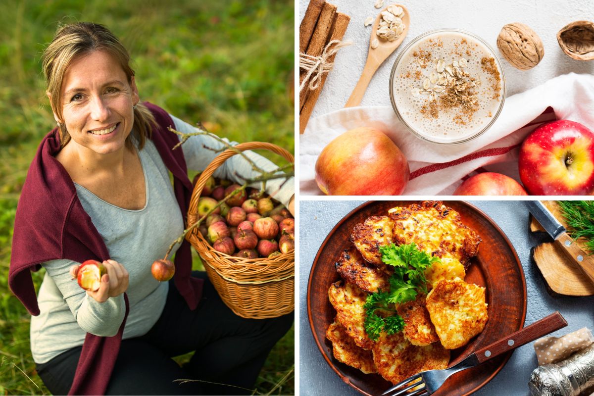 Collage med kvinna som plockat äpplen i en korg, en smoothie med äpple och kanel och en tallrik rårakor.