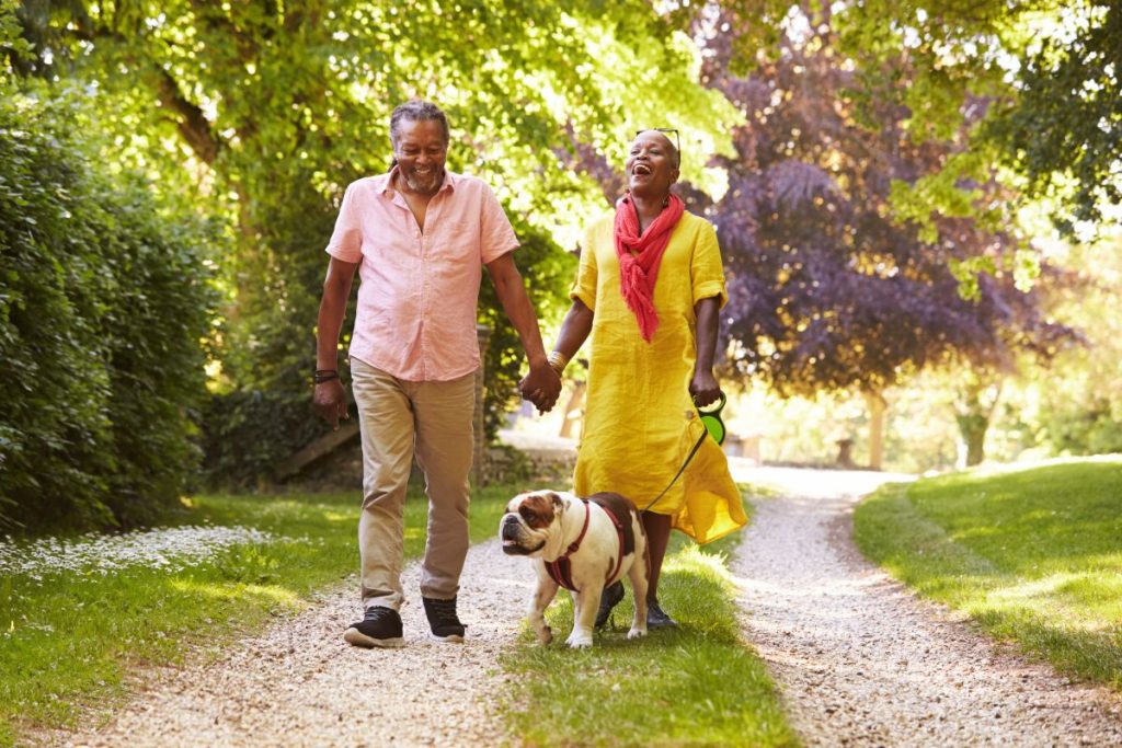 En svart man och kvinna i fina, färgglada kläder rastar sin hund på en solig väg