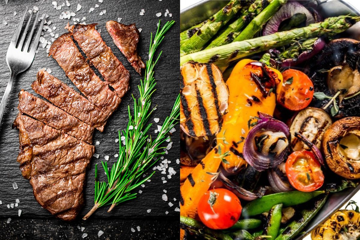 Collage med bilder på grillad lövbiff och grillade grönsaker