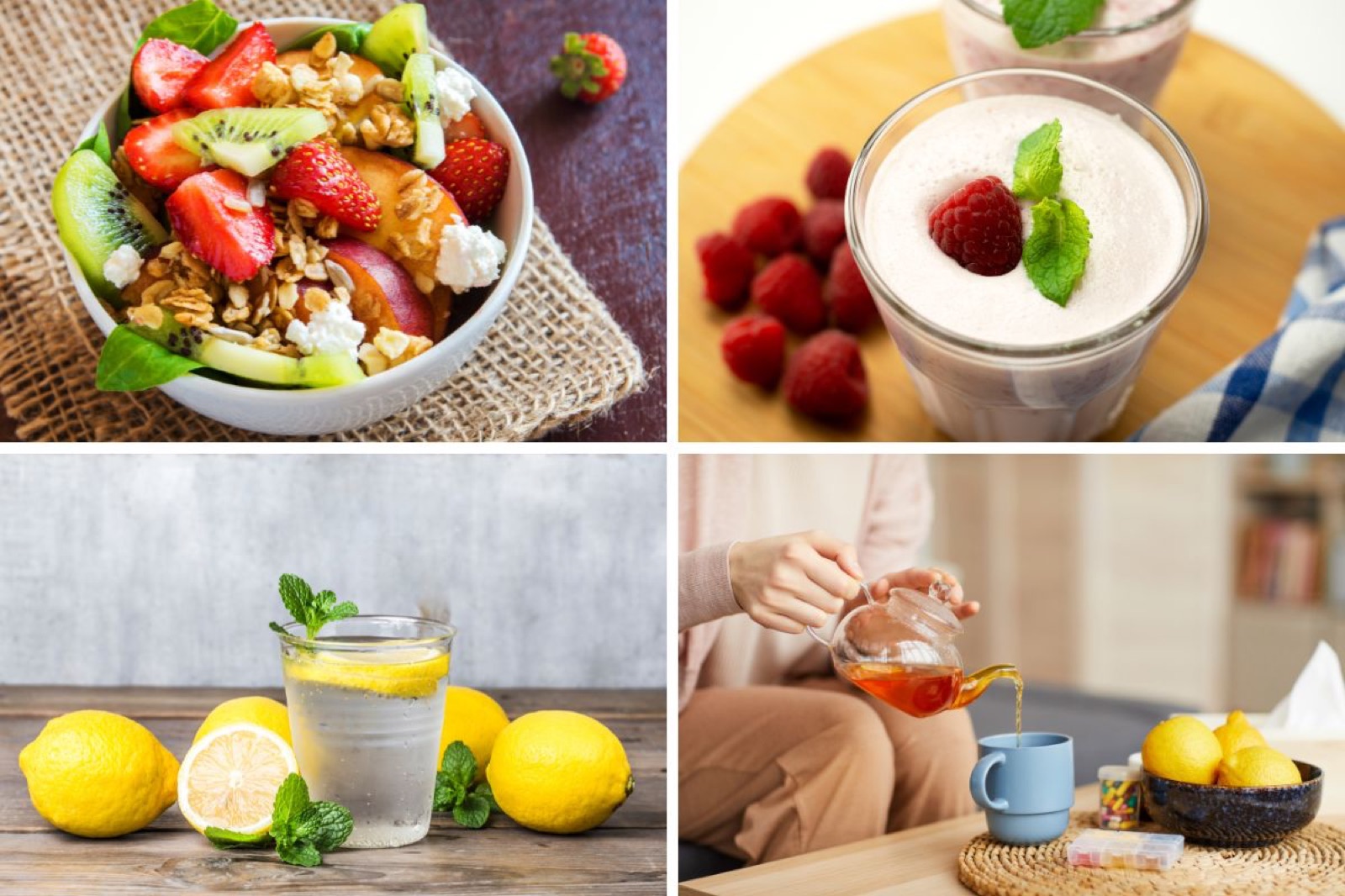 Kollage med en skål yoghurt med jordgubbar, en smoothie, ett glas citronvatten och en kopp te